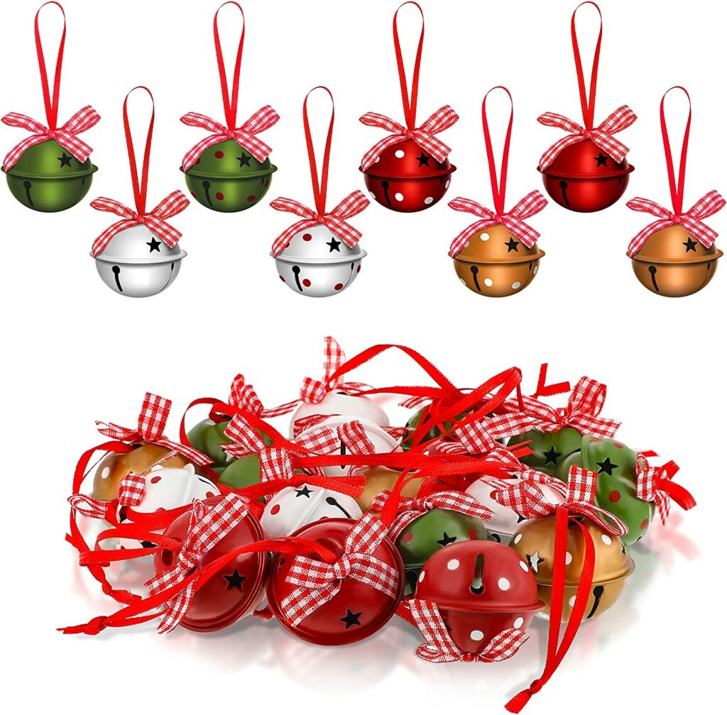 24 Pieces Christmas Bells Small Bells with Star Cutouts Bows Polka Dot Colorful Craft Bells Christmas Tree Ornaments for Holiday Party Decoration DIY Craft, Red Green White Gold, 1.6 Inch