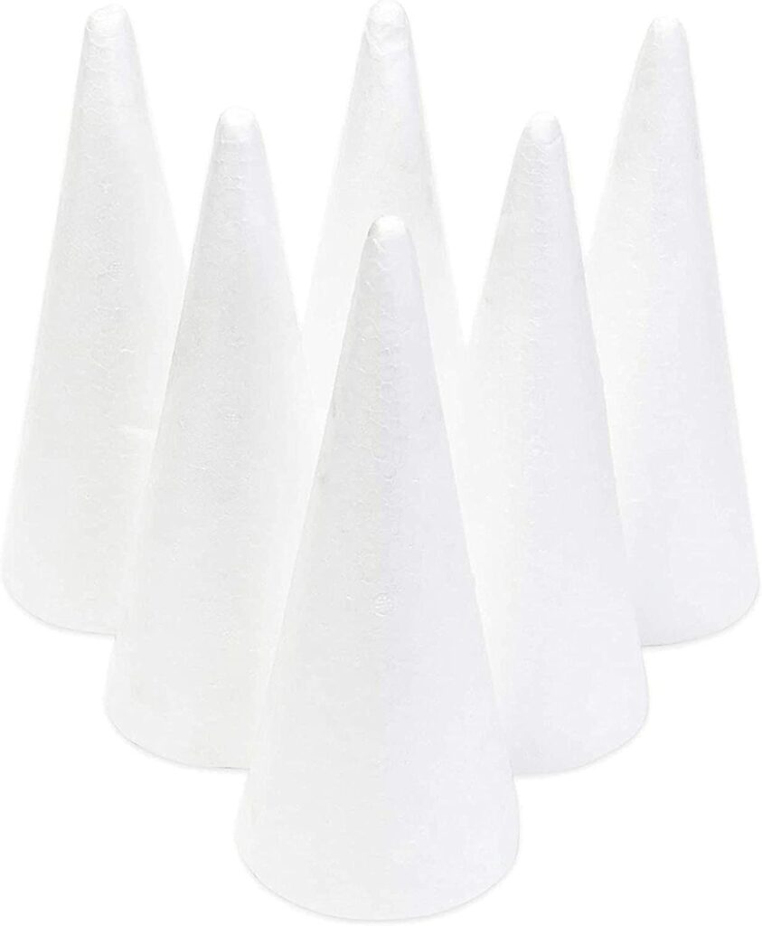 6-Pack Foam Cones for Arts and Crafts Supplies, Christmas Tree, Gnome, Holiday Decor (3.8 x 9.5 In)