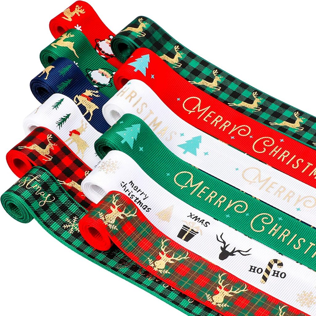 Konsait 12 Yards 1" Wide Christmas Ribbon Set, Holiday Grosgrain Ribbons for Gift Package Wrapping, Christmas Ribbon for Craft Sewing, Hair Bow Clip Accessory Wedding Decorative Ribbon Party Favors