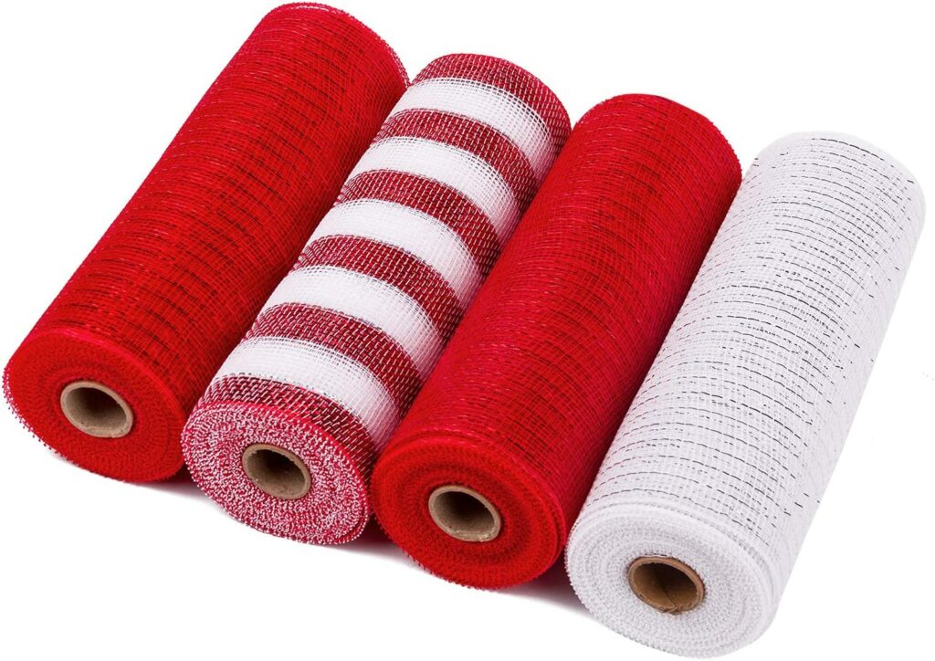 LaRibbons Deco Mesh Poly Ribbon - 10 inch x 30 feet Each Roll - Metallic Foil Red and White Rolls for Wreaths, Swags and Decorating - 4 Pack
