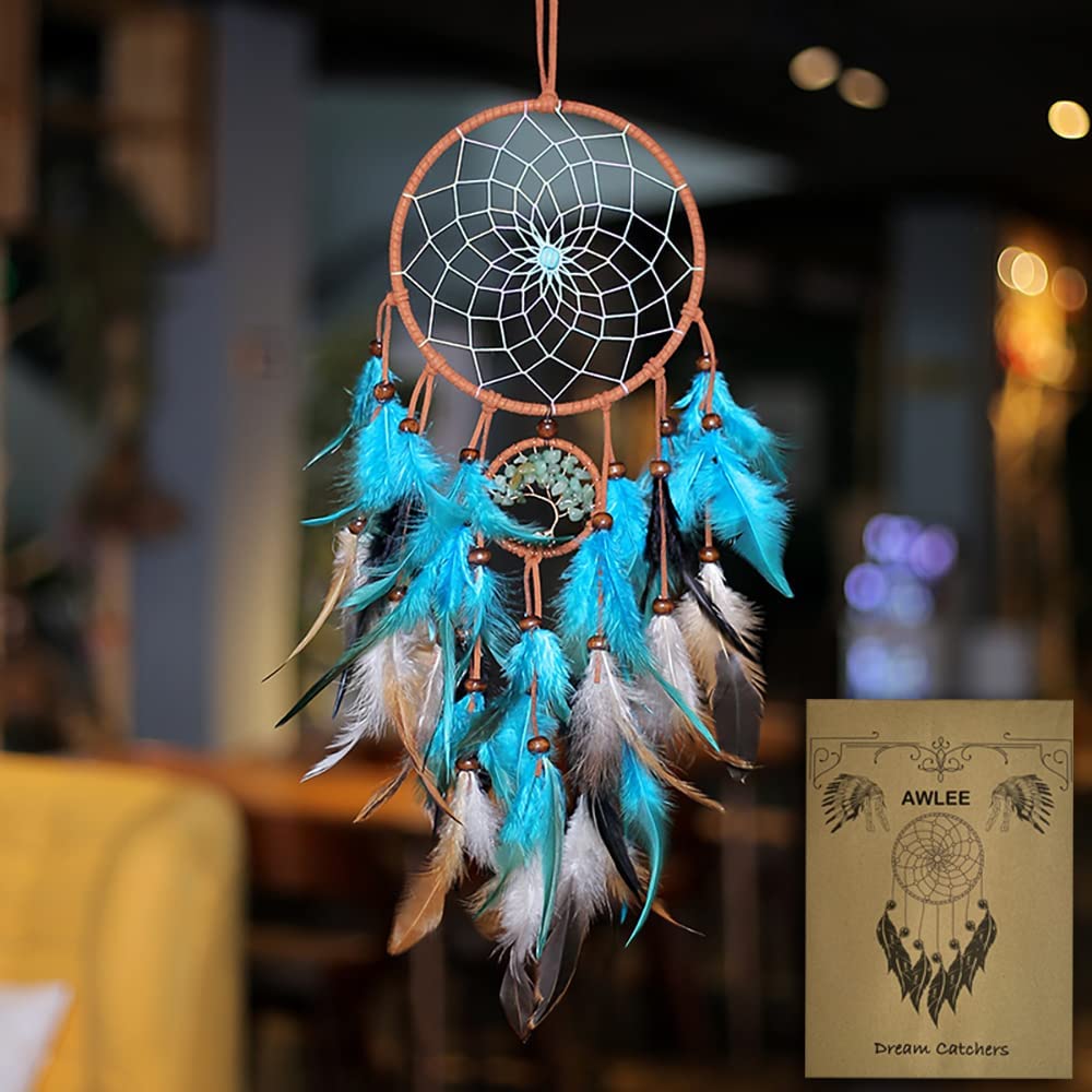 Dream Catchers Tree of Life with Handmade Feather Native American Blue Dreamcatcher for Kids Boys Bedroom Wall Hanging Decor Nursery Wall Art Ornament Craft Decoration