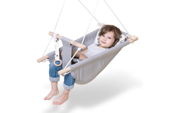 Baby Swing for Infants and Toddler, Canvas Baby Hammock Swing Indoor and Outdoor with Safety Belt and Mounting Hardware, Wooden Hanging Swing Seat Chair for...