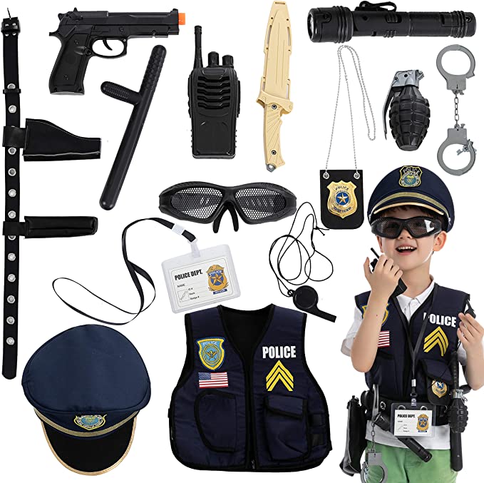 14 Pcs Police Pretend Play Toys Hat and Uniform Outfit for Halloween Dress Up Party, Police Officer Costume, Role-playing