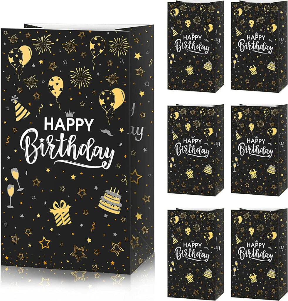 DUAIAI Party Favor Bags, 28 Pieces Black and Gold Happy Birthday Treat Bags,Candy Goodies Bags for Birthday Party, Kraft Paper Gift Bags Party Favor Decoration Supplies