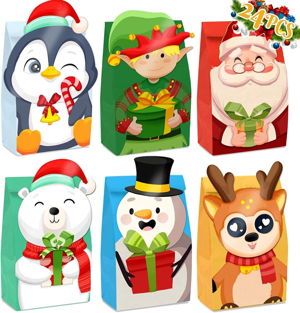MOORAY Christmas Candy Bags, 24 Pack 2D Xmas Treat Bags Die-Cut Pattern with 6 Different Design Goody Bags for Holiday Christmas Party Favors