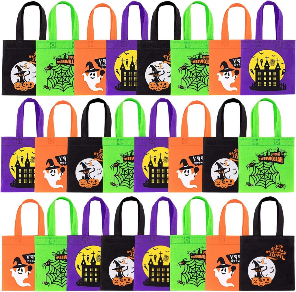 Whaline 24 Pack Halloween Non-Woven Bags Trick or Treat Tote Gift Bags Reusable Candy Goodie Bags with Handles for Halloween Party Favors